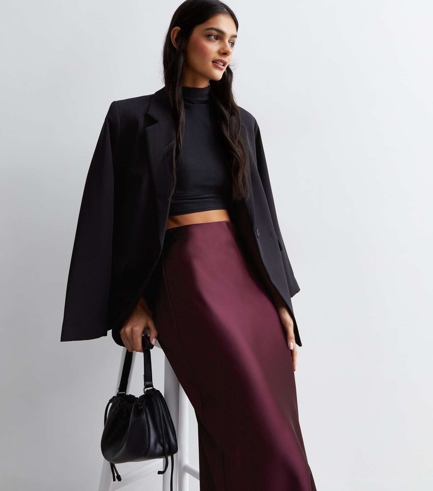 Plum Shine Satin Bias Cut Midi Skirt Image 2