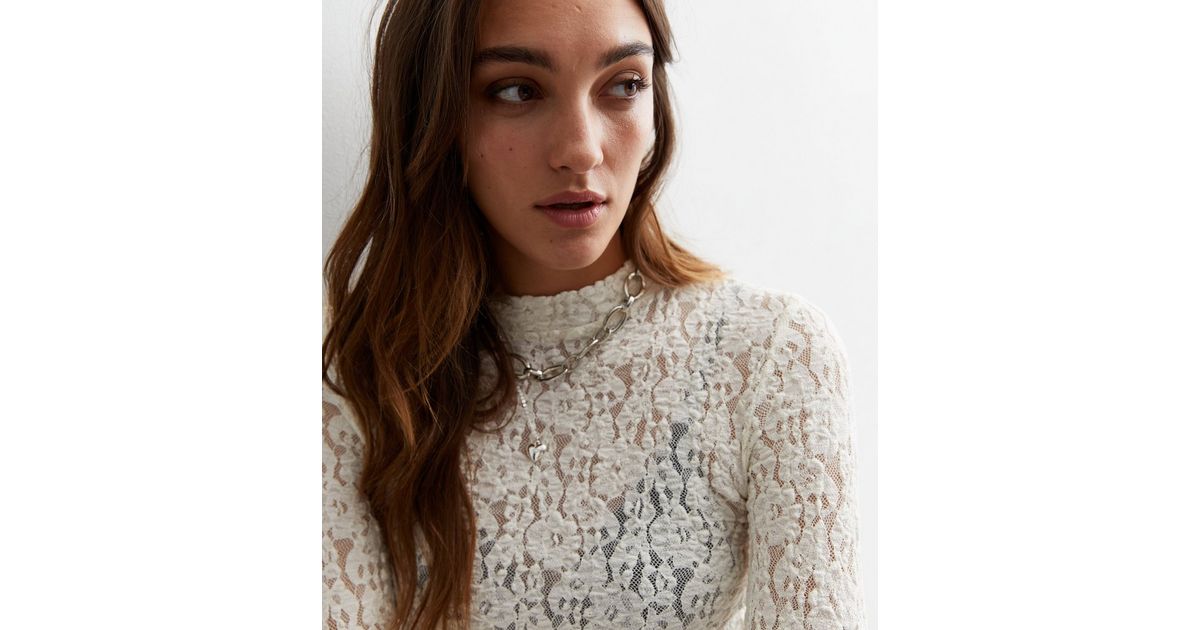 Cream Lace High Neck Top New Look