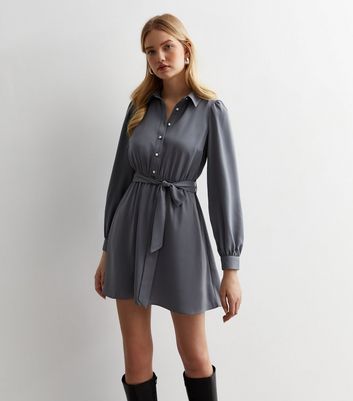 Grey Long Sleeve Mini Shirt Dress New Look
