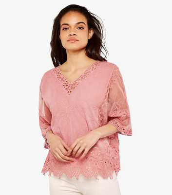 Apricot Pink Crochet Embroidered V Neck Top