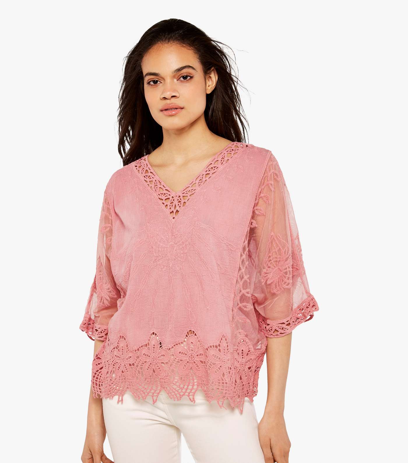 Apricot Pink Crochet Embroidered V Neck Top Image 2