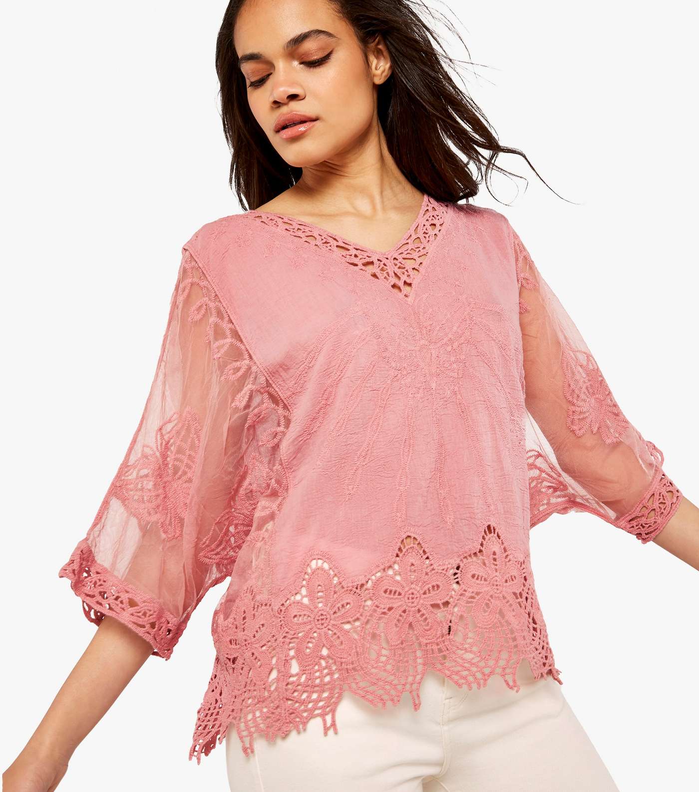 Apricot Pink Crochet Embroidered V Neck Top Image 4