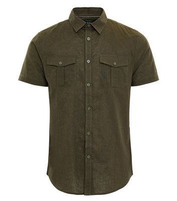 Men's Threadbare Olive Pocket Short Sleeve Shirt New Look