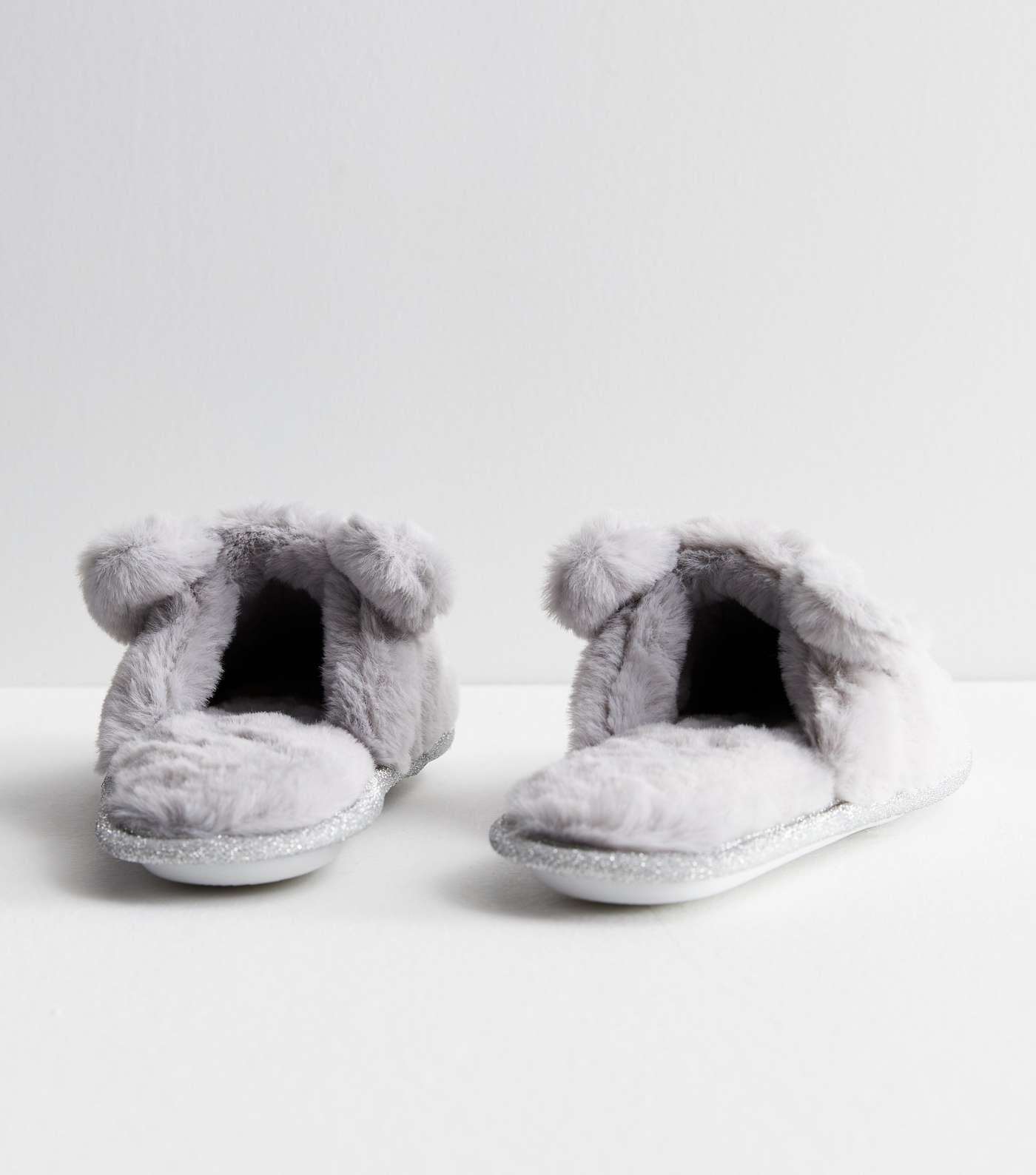 Grey Faux Fur Bunny Mule Slippers Image 5