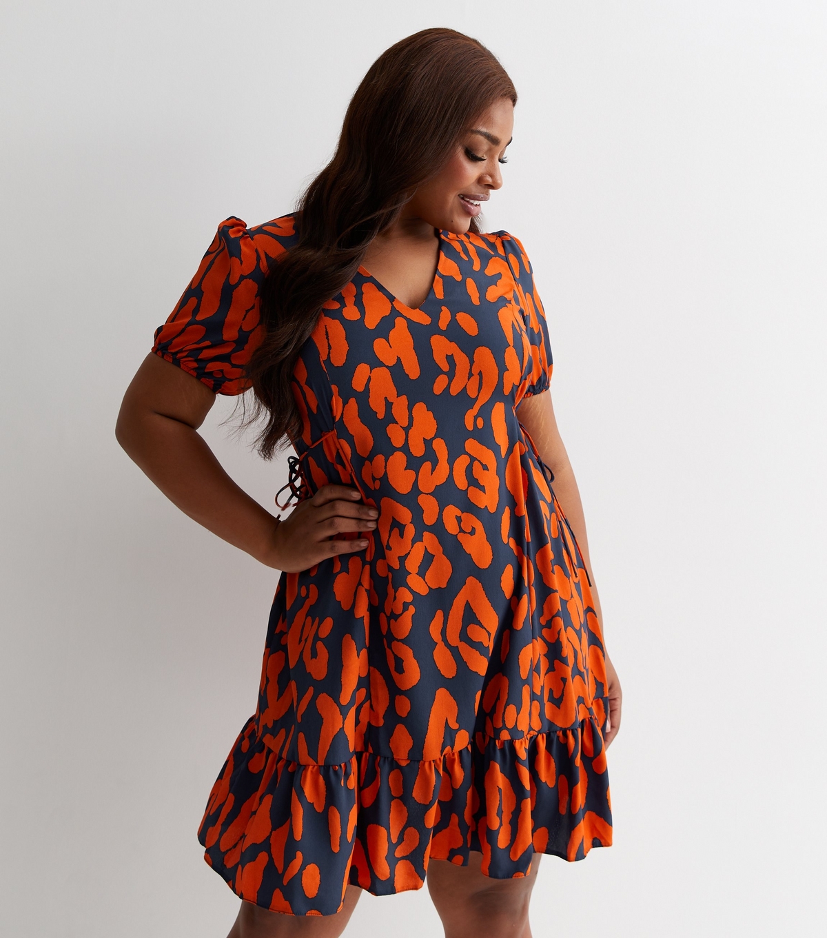 Women's Plus Size Orange Leopard Print Frill Hem Mini Dress Curves New Look