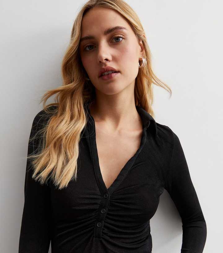 Black Collared Button Detail Bodysuit 