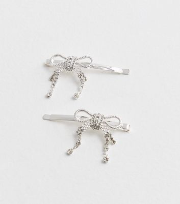 2 Pack Silver Diamante Bow Hair Slides New Look