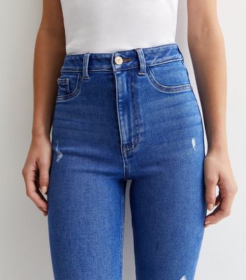 Bright Blue High Waist Ripped Knee Hallie Super Skinny Jeans New Look