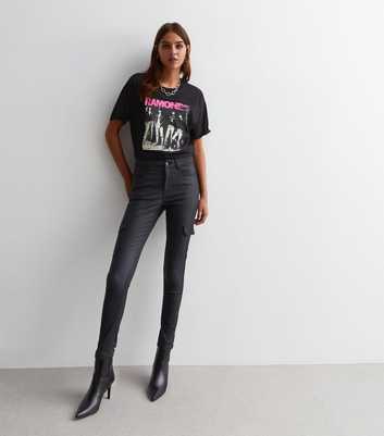 Black Leather-Look Coated Skinny Cargo Jeans