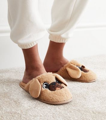 Camel Faux Fur Dog Mule Slippers New Look