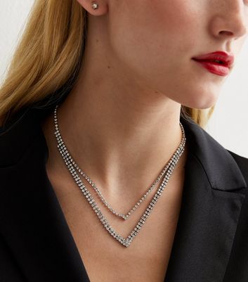 Silver V Shape Double Diamante Necklace New Look