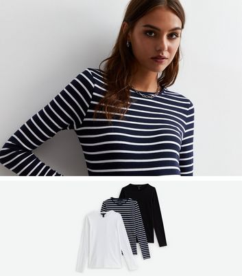 3 Pack Black White and Navy Stripe Long Sleeve T-Shirts New Look