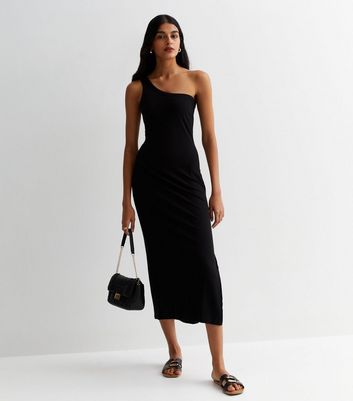 Black Ribbed Jersey One Shoulder Midaxi Dress New Look