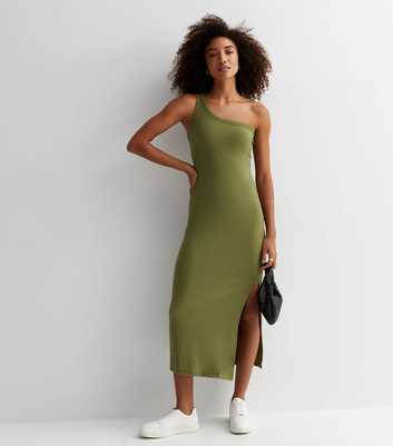 Olive Ribbed Jersey One Shoulder Midaxi Dress