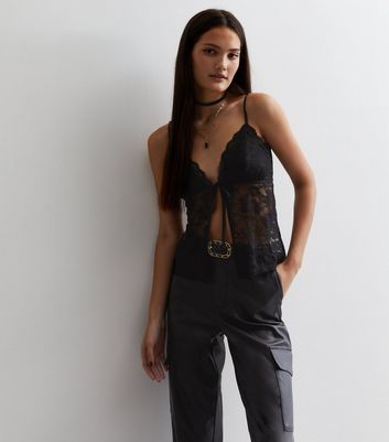  Lace Trim Tie Front Cami Top (Color : Black, Size : Small) :  Clothing, Shoes & Jewelry