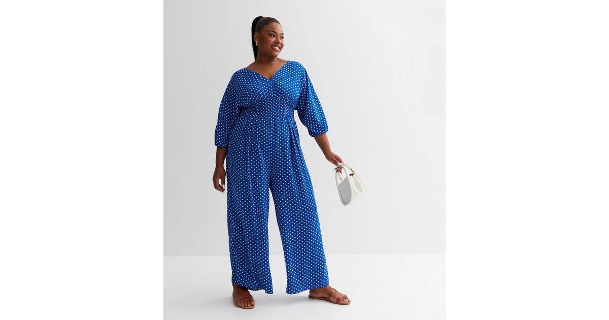 Curves Blue Spot Shirred V Neck Jumpsuit New Look