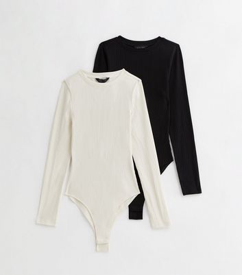 2 Pack Black and Cream Ribbed Long Sleeve Bodysuits New Look