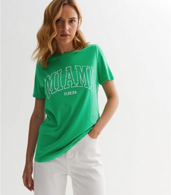 Green Cotton Miami Logo T-Shirt New Look