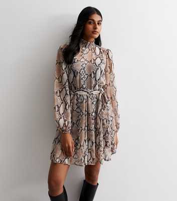 Brown Snake Print Chiffon High Neck Mini Dress