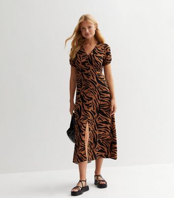 Leopard stripe button 2024 front midi dress