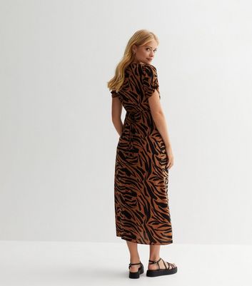 Brown Animal Print Button Front Midi Dress New Look
