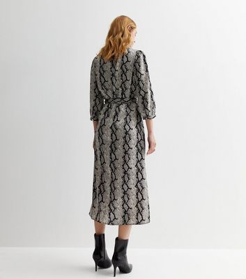 Light Grey Snake Print Satin Wrap Midi Dress New Look