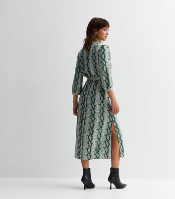 Green Snake Print Satin Wrap Midi Dress New Look