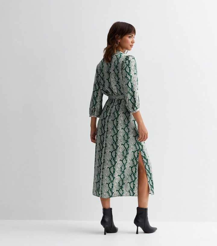 Green Snake Print Satin Wrap Midi Dress | New Look