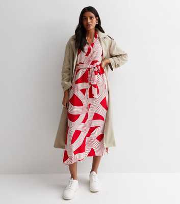 Red Abstract Stripe Midaxi Shirt Dress