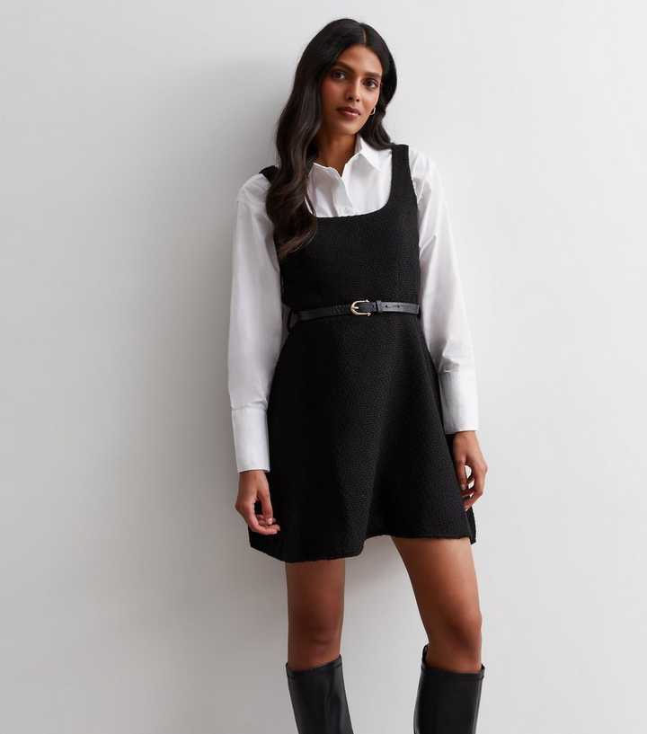 Black Bouclé Belted Pinafore Mini Dress