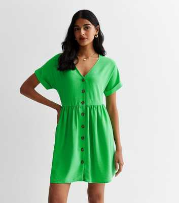 Green Button Front Smock Mini Dress