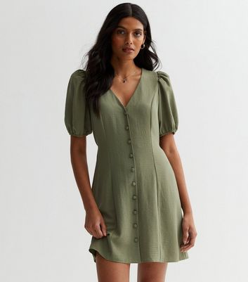 Khaki Button Front Puff Sleeve Mini Dress New Look