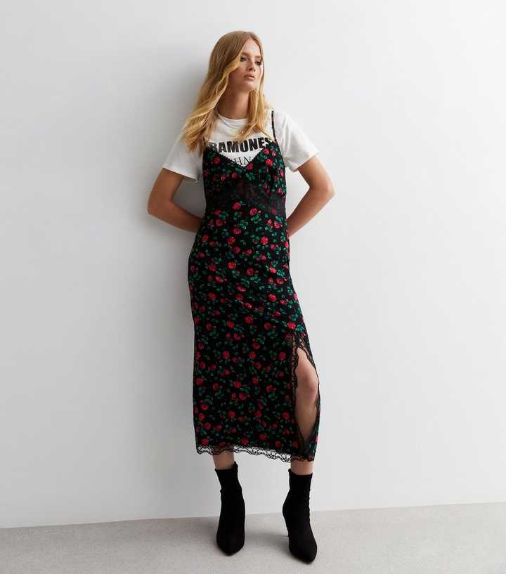 Black Floral Lace Trim Split Hem Midi Slip Dress