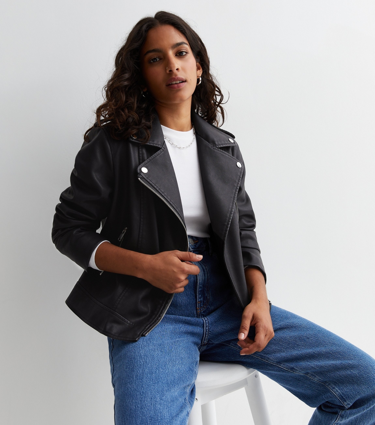Women's Petite Black Leather-Look Biker Jacket New Look