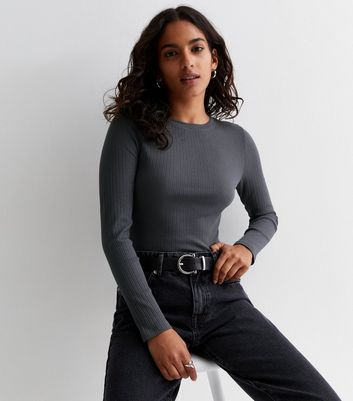 Petite Black Ribbed Long Sleeve Bodysuit