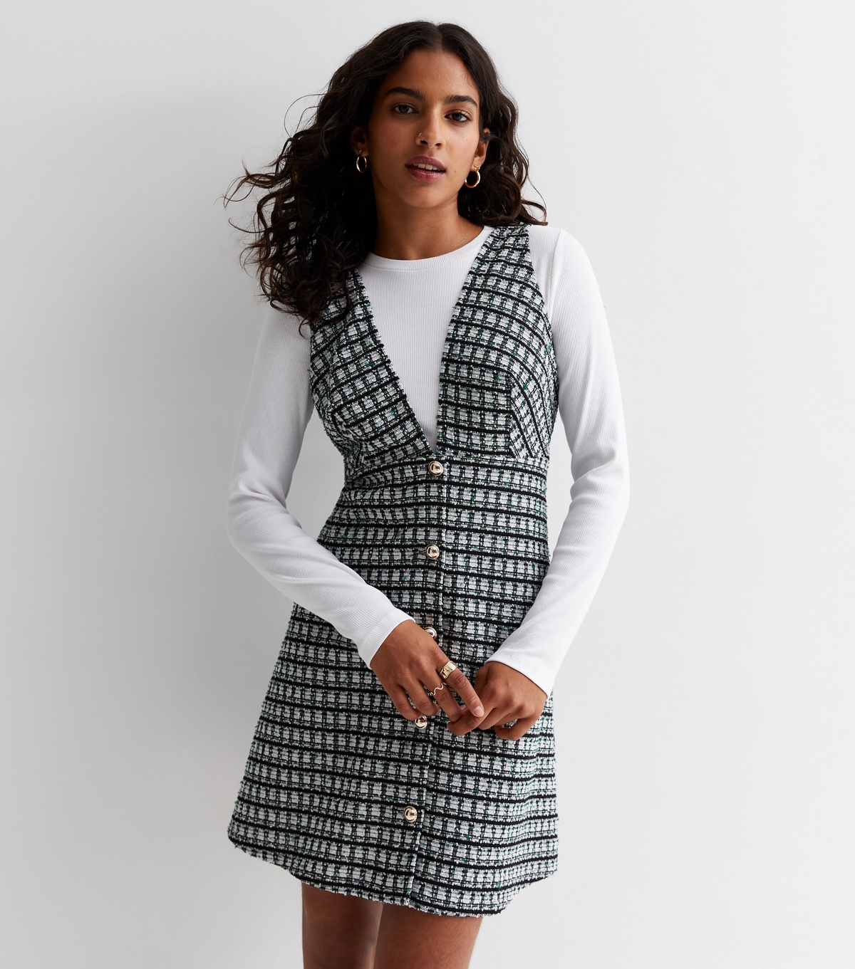Women's Petite Black Check Plunge Neck Pinafore Dress New Look