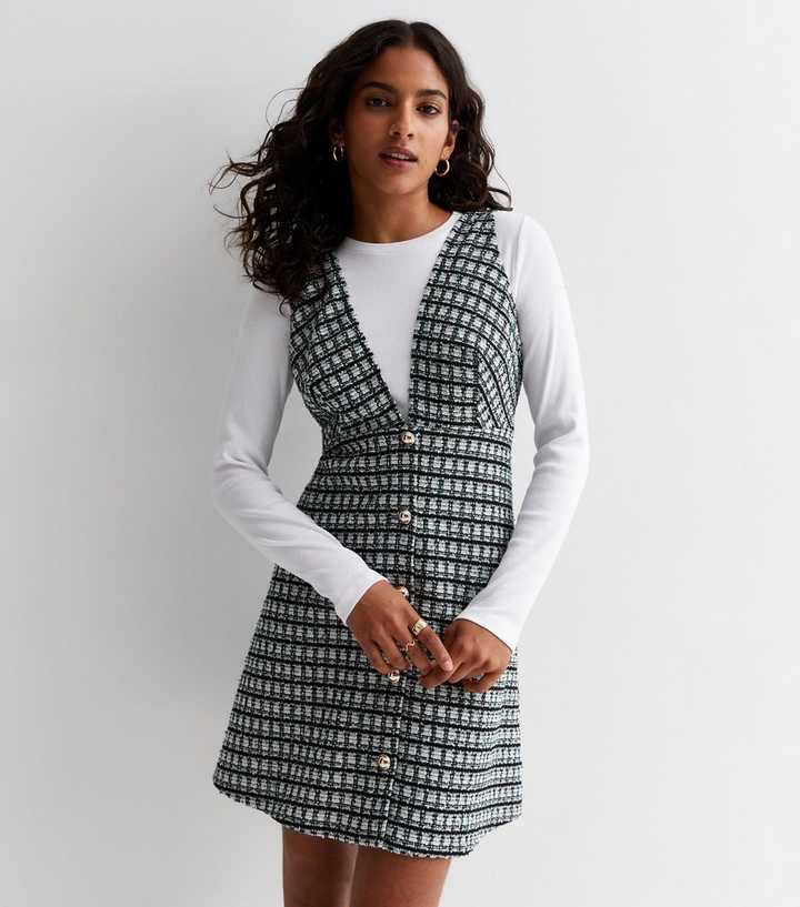 Petite Black Check Plunge Neck Pinafore Dress