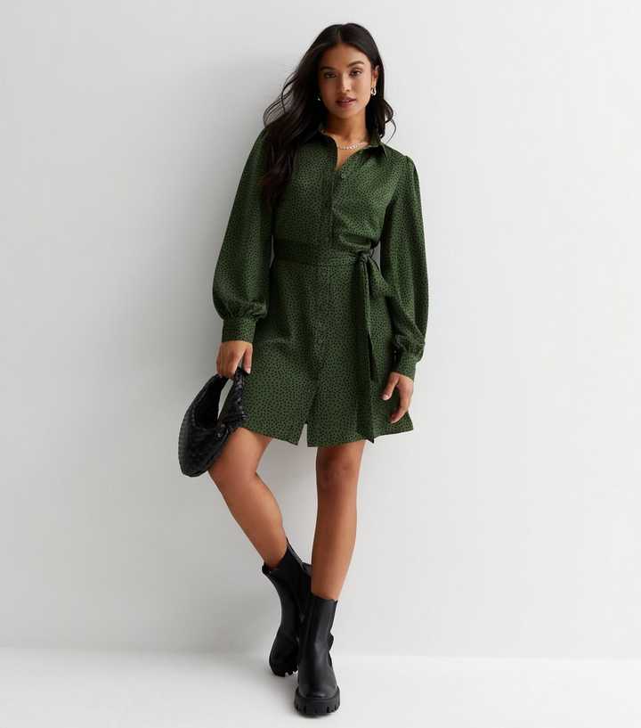 Petite Green Polka Dot Tie Waist Mini Shirt Dress | New Look