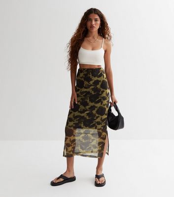 Petite Green Abstract Mesh Midi Skirt New Look