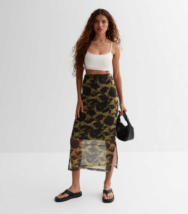 Cargo Camo Mesh Skirt Shape Stone Camo High Split Camo Cargo Maxi