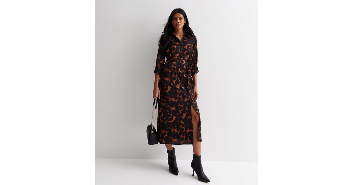 Brown Tortoiseshell Print Satin Midi Shirt Dress | New Look