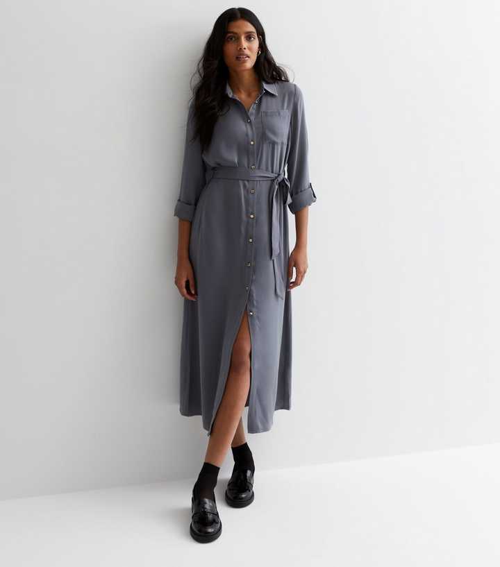 Dark Grey Belted Midi Shirt Dress