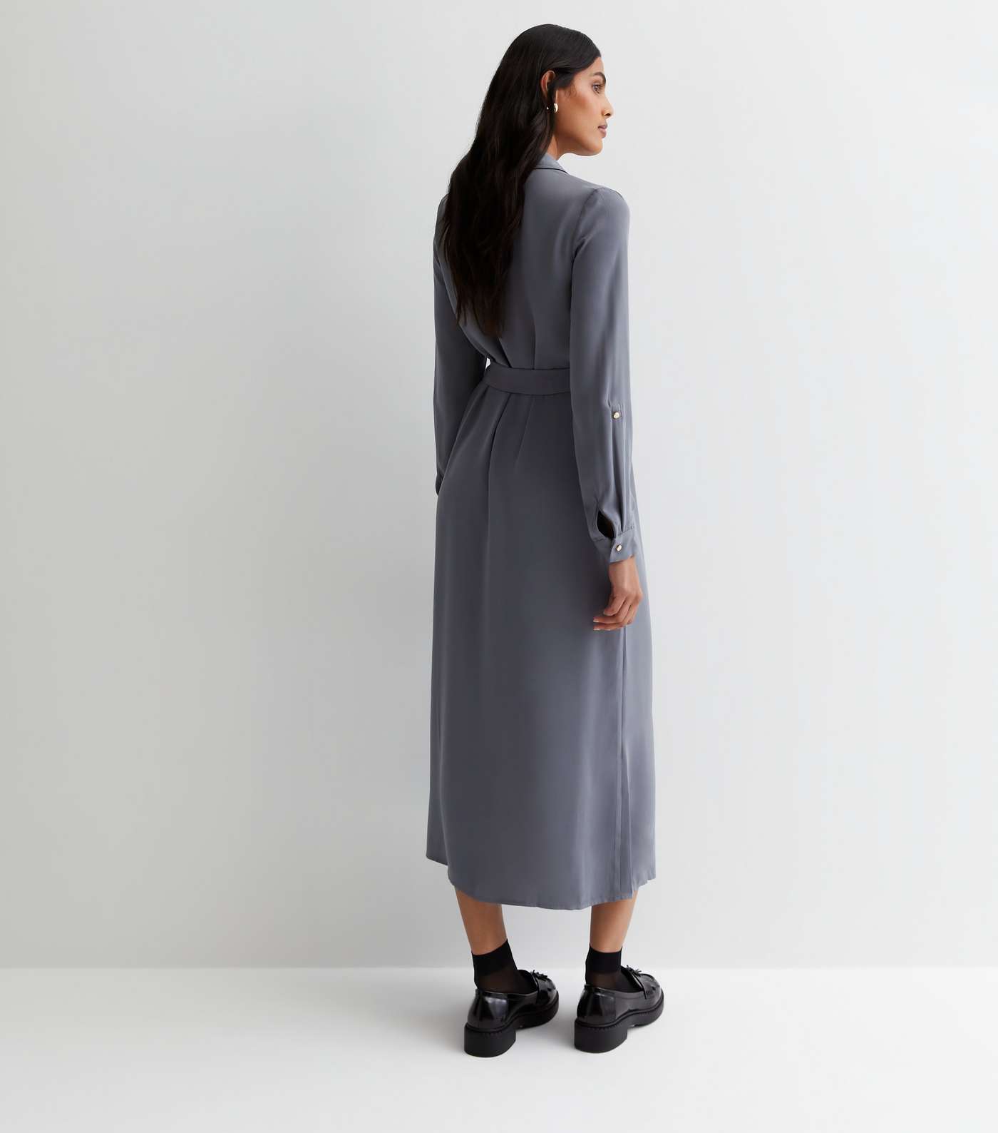 Dark Grey Belted Midi Shirt Dress Image 4