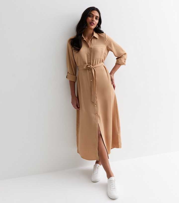 Camel Belted Midi Shirt Dress