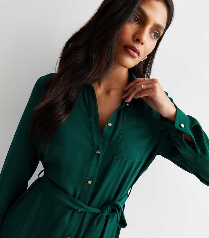 New Look Women's Dark Green Belted Mini Shirt Dress - UK 14