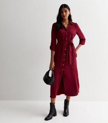 Burgundy Belted Midi Shirt Dress | New Look