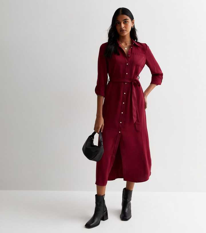 Burgundy Belted Midi Shirt Dress