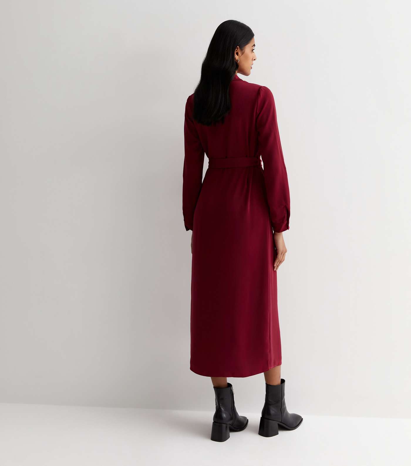 Burgundy Belted Midi Shirt Dress Image 4