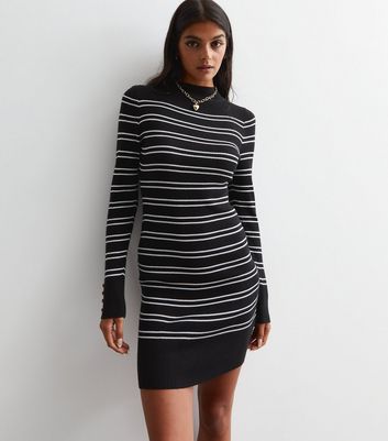 Black Stripe Button Cuff Mini Dress | New Look