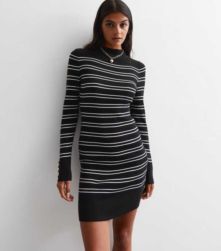 Black Stripe Button Cuff Mini Dress